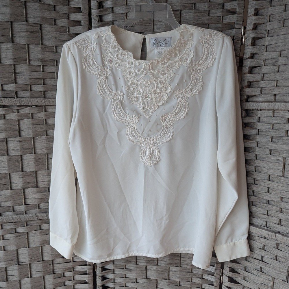 Vtg 80s Blouse Ivory Lace Embroidered Pearl Bib Cottagecore Bridal Coquette 12